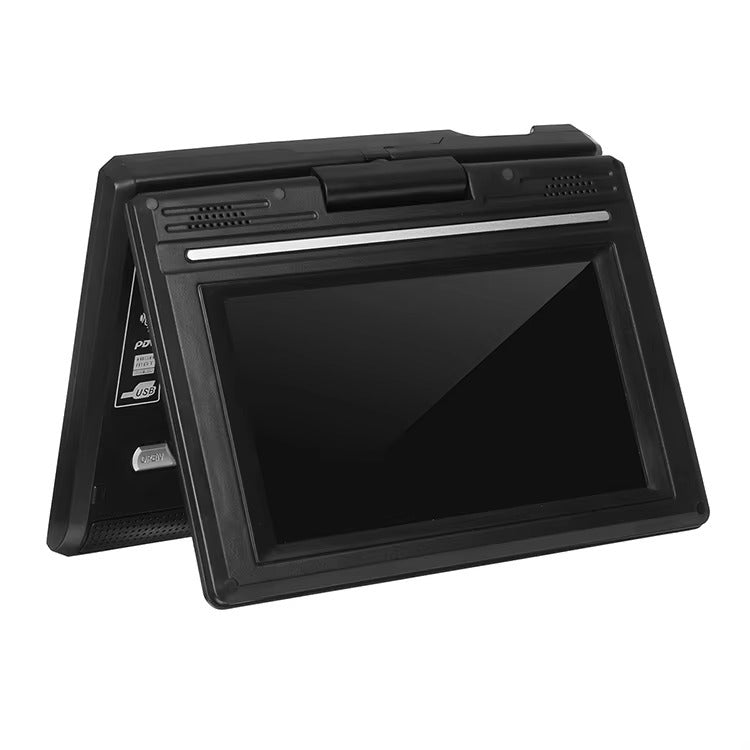 Black portable DVD player folded in tent mode showing the side USB port and flat screen