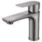Gunmetal gray single lever stainless steel basin faucet with a squared lever and flat spout on a white background