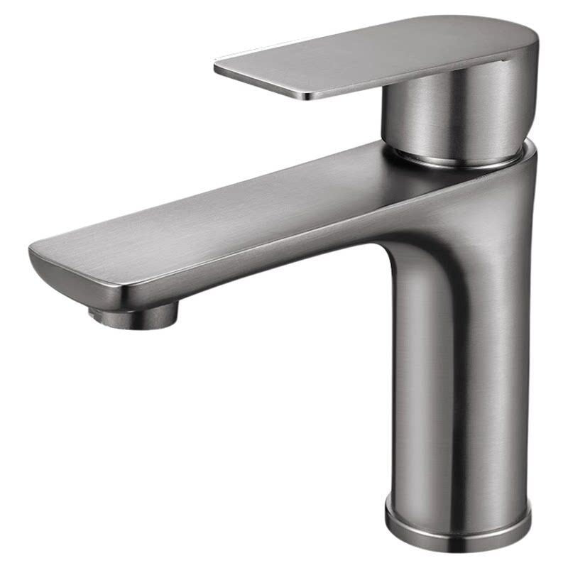 Gunmetal gray single lever stainless steel basin faucet with a squared lever and flat spout on a white background