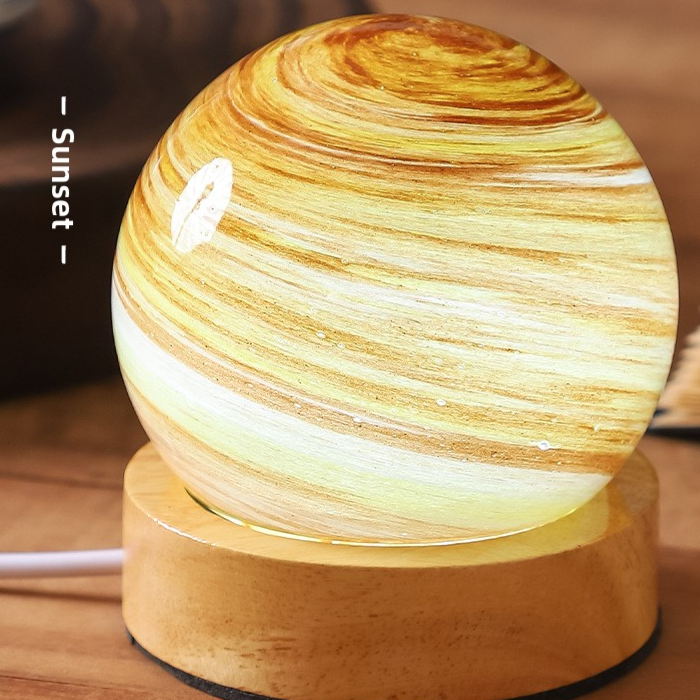 Sunset glass planet night light, amber and cream swirl, color box, USB powered, tri-color
