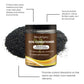 MoonSpry Soil Conditioner jar in front of a pile of black granules with four callout lines