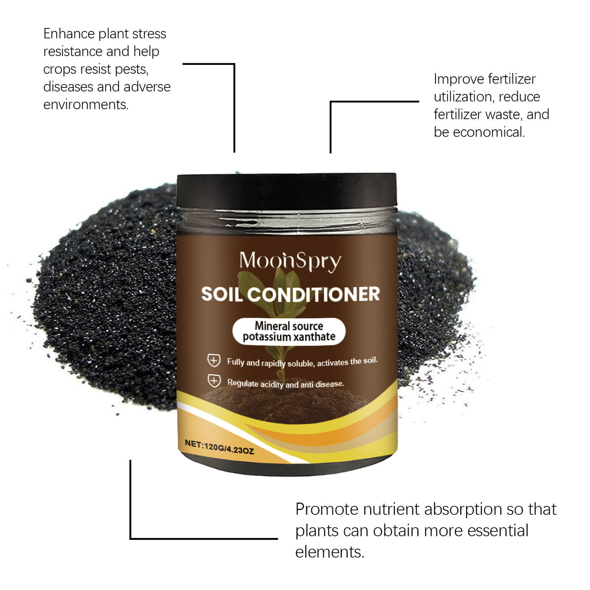 MoonSpry Soil Conditioner jar in front of a pile of black granules with four callout lines