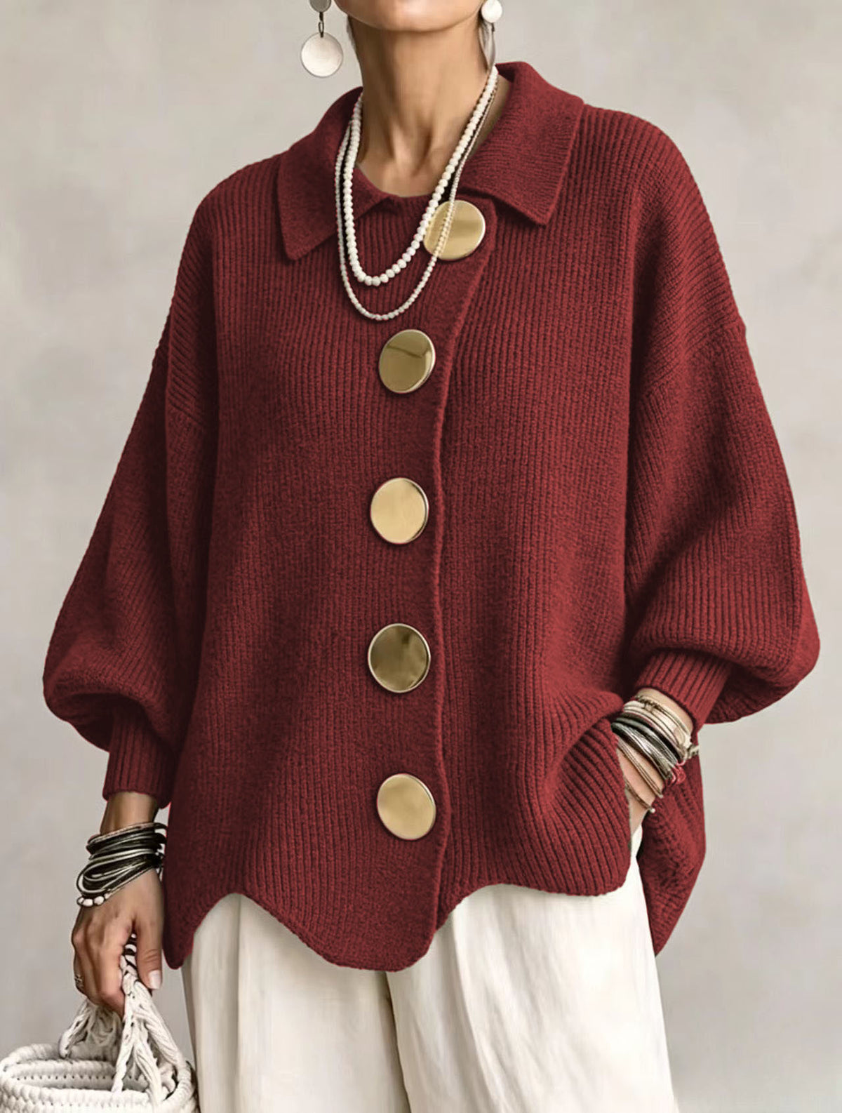 Brick red ribbed knit top with a collar and gold tone metal buttons, Deep red option, size 3XL