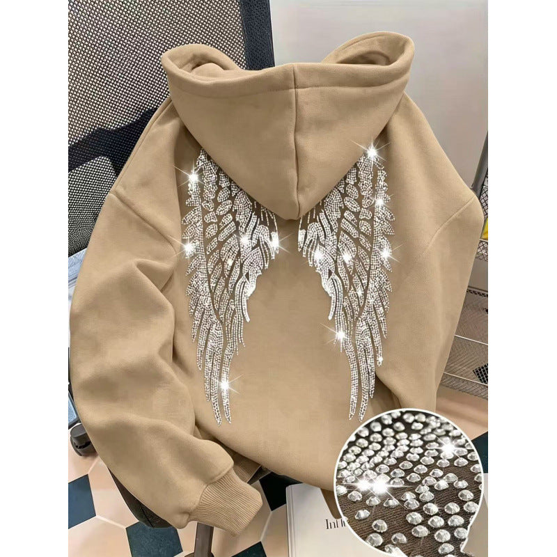 Camel pullover hoodie with rhinestone wings on the back and a stone close-up, option photo for Camel 4XL