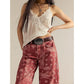 Floral Print Denim Wide Leg Trousers