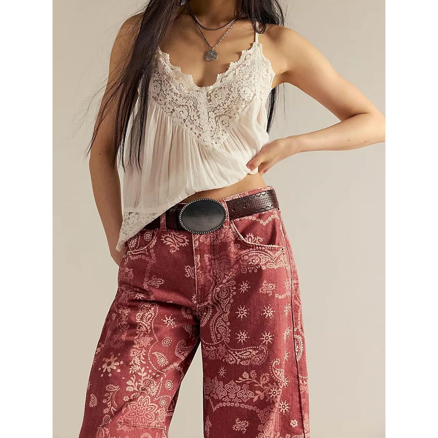 Floral Print Denim Wide Leg Trousers
