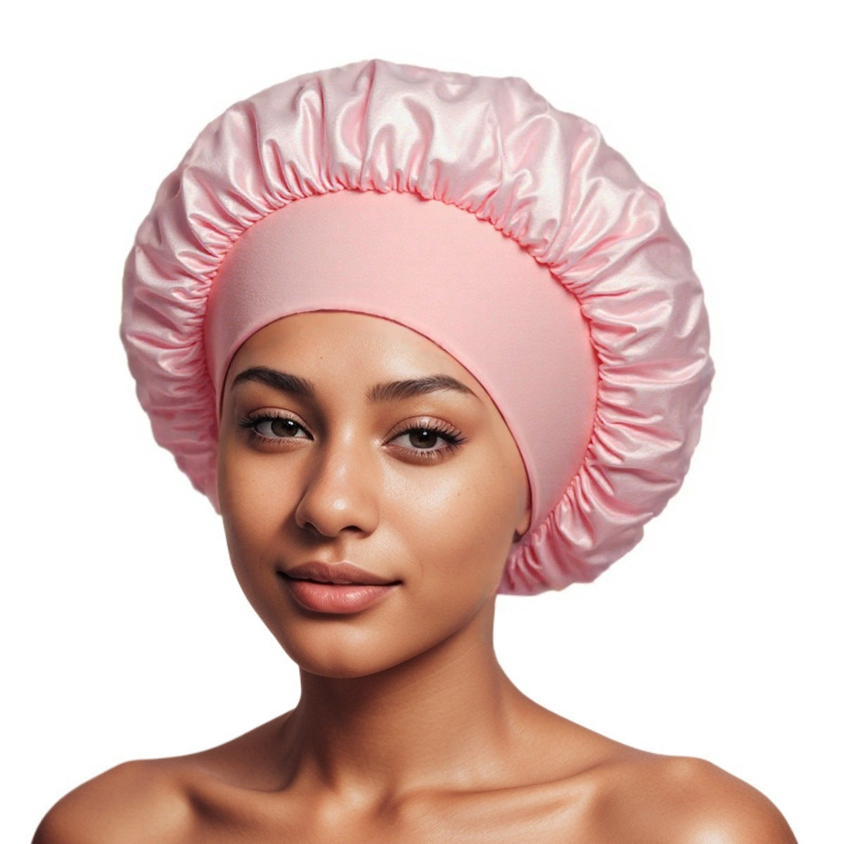 Coral Pink satin sleep bonnet with ruffled crown and wide elastic band, 32 cm diameter