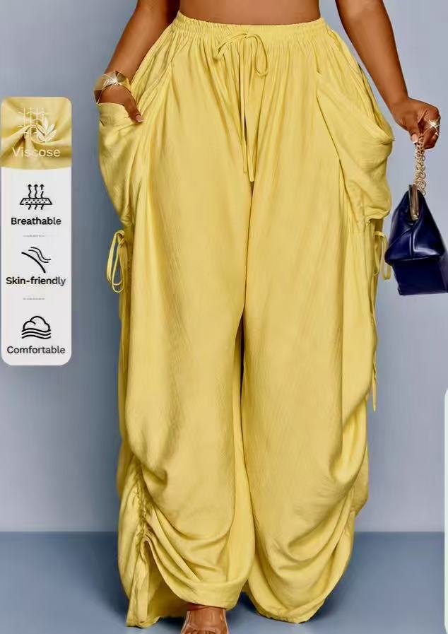 High waist wide leg linen look viscose drawstring trousers, full length view of the wide relaxed leg