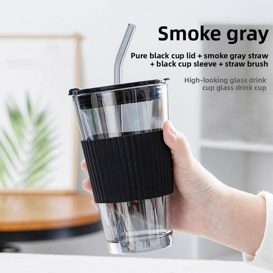 Glass Straw Cup With Lid Coffee Beverages
