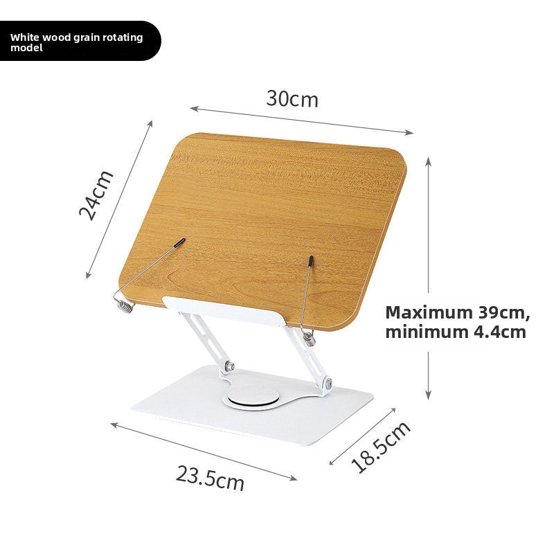 White frame wood grain reading stand with measurements 30 cm by 24 cm board, 23.5 by 18.5 cm base, 4.4 to 39 cm height