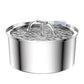 Steel pet fountain side view with blue lit rectangular water level window on the body
