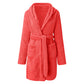 Red plush hooded fleece robe with tie belt and front pockets on a plain white background
