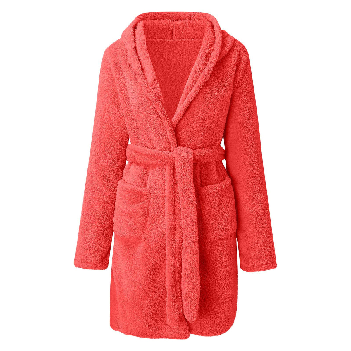 Red plush hooded fleece robe with tie belt and front pockets on a plain white background