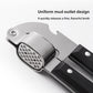 Close up of the stainless steel press head with evenly spaced holes and black riveted handles