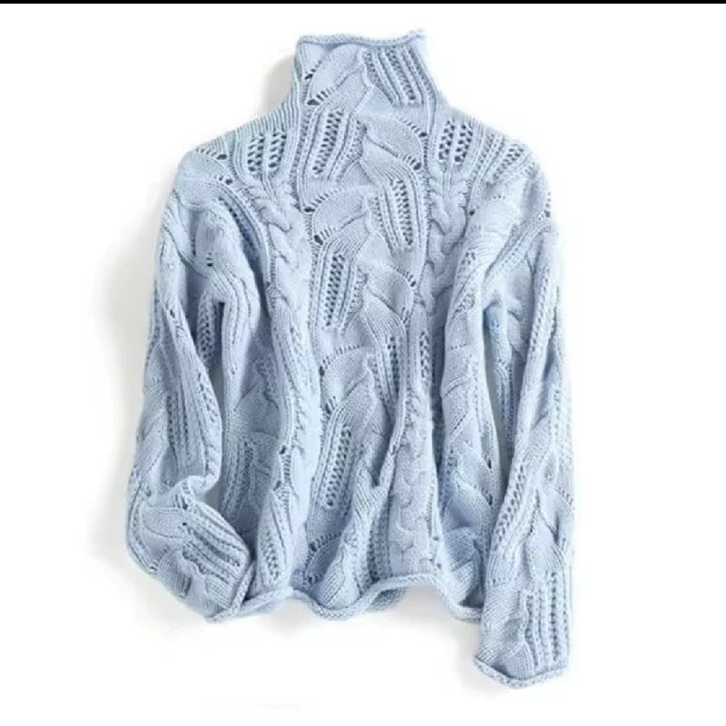 Ice Blue cable knit high neck sweater for women, twisted cable ropes with open pointelle stitch, loose drop shoulder