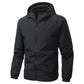 Front view of a mens hooded nylon windbreaker with a full length zip
