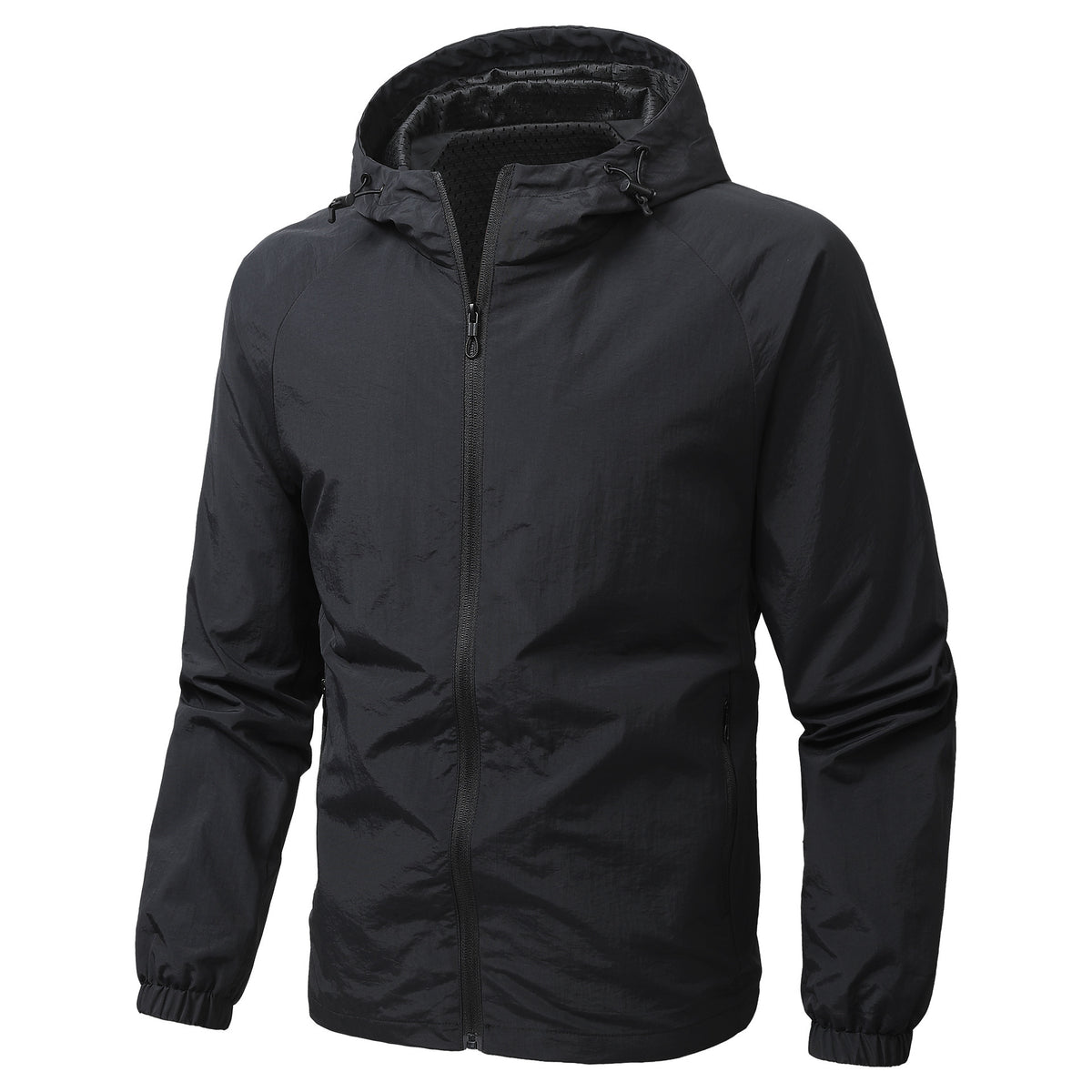 Front view of a mens hooded nylon windbreaker with a full length zip