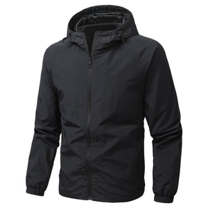 Front view of a mens hooded nylon windbreaker with a full length zip