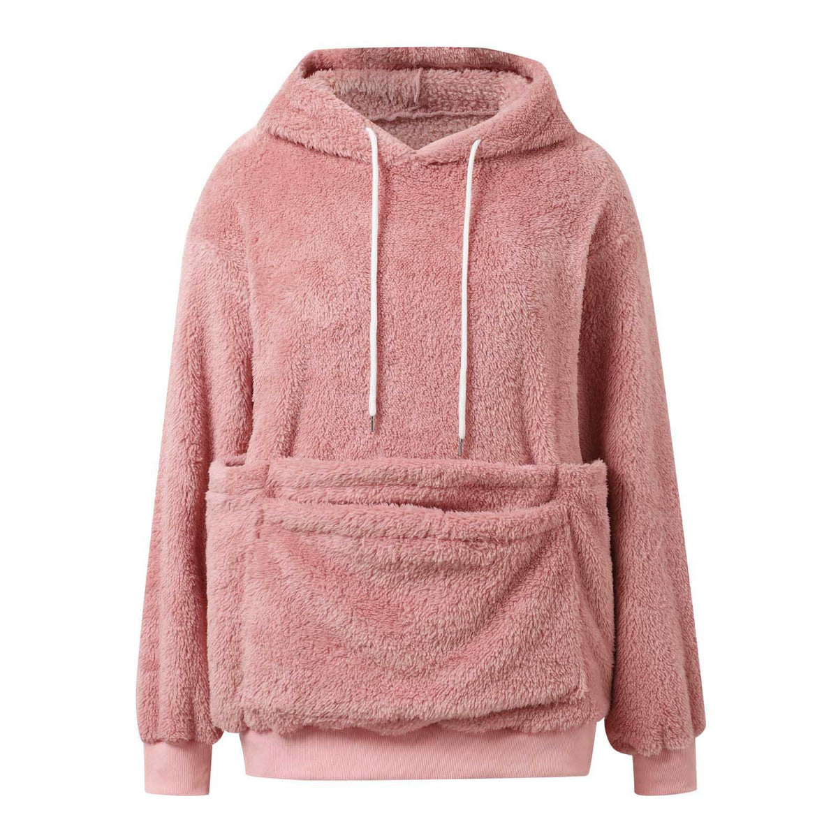 Dusty Rose option, size XXL: plush fleece hooded sweatshirt with white drawstrings and large front pocket