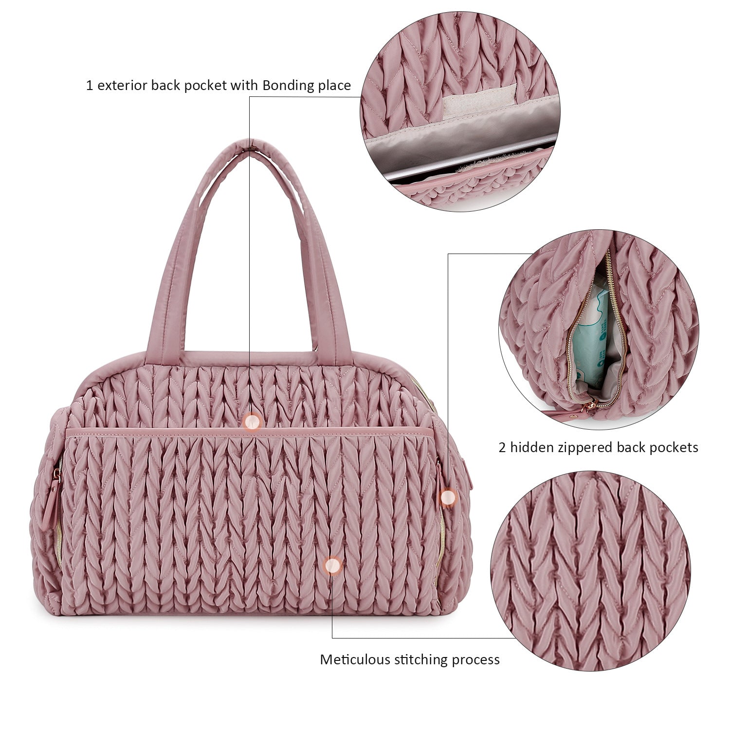 Quilted Embroidery Insulated Mother Baby Bag | close up material texture