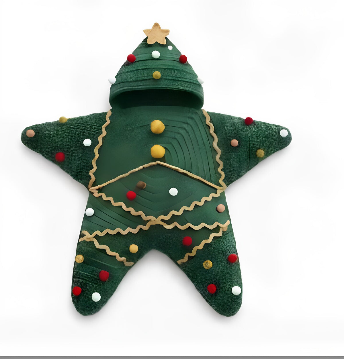 Green Christmas Tree knitted star baby sleeping bag with hood, pom pom ornaments and gold garland, 63 cm option