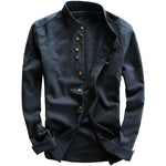 Men's stand collar linen shirt in white, front view showing the button placket