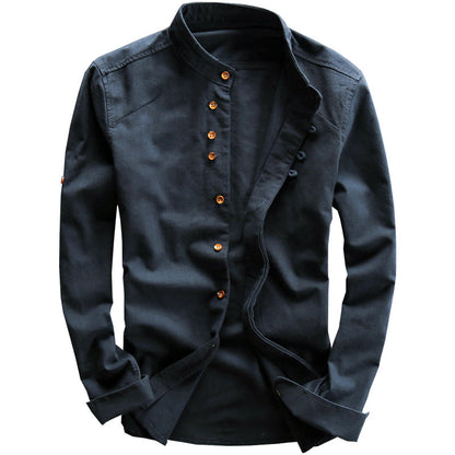 Men's stand collar linen shirt in white, front view showing the button placket