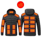 Black heated jacket with the padded hood up and the neck heating zone marked