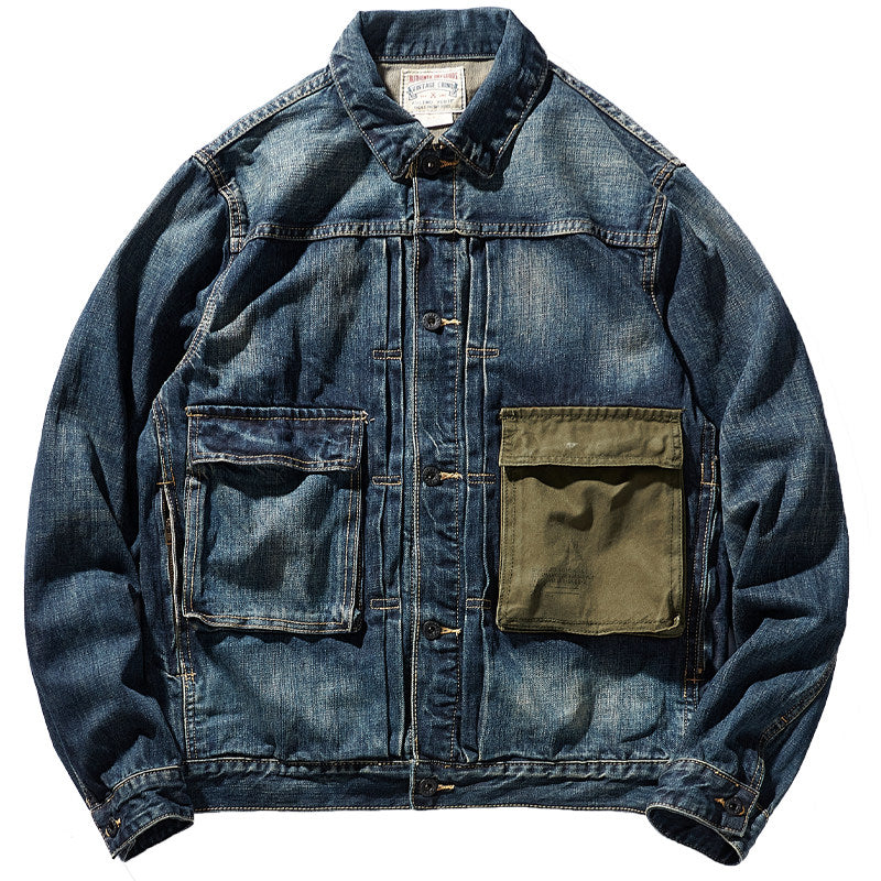 Retro men's denim jacket front view with tan topstitching and copper button placket
