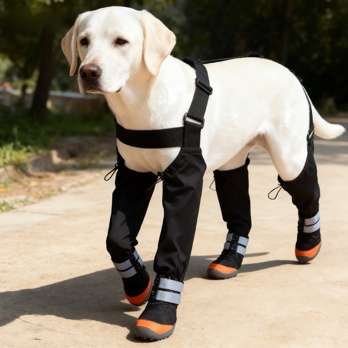 Dog standing on a park path wearing black leg boots with orange soles and reflective ankle strips