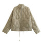 Khaki quilted stand collar jacket with two front pockets and a hem cord, flat on white, a color not offered