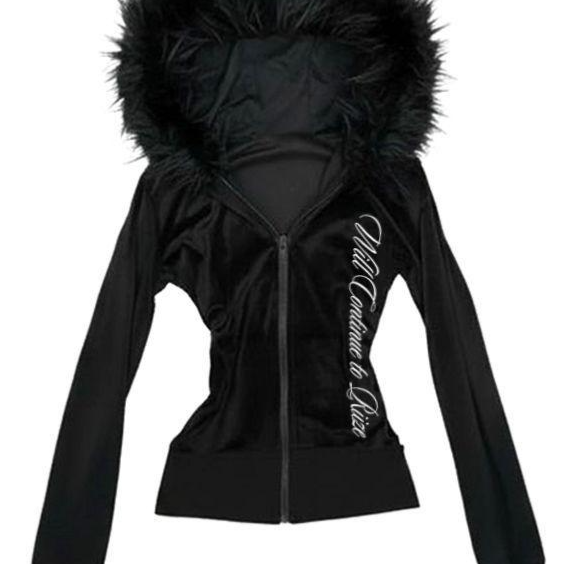 Womens black velour hooded zip jacket with vegan fur trim and cursive script print