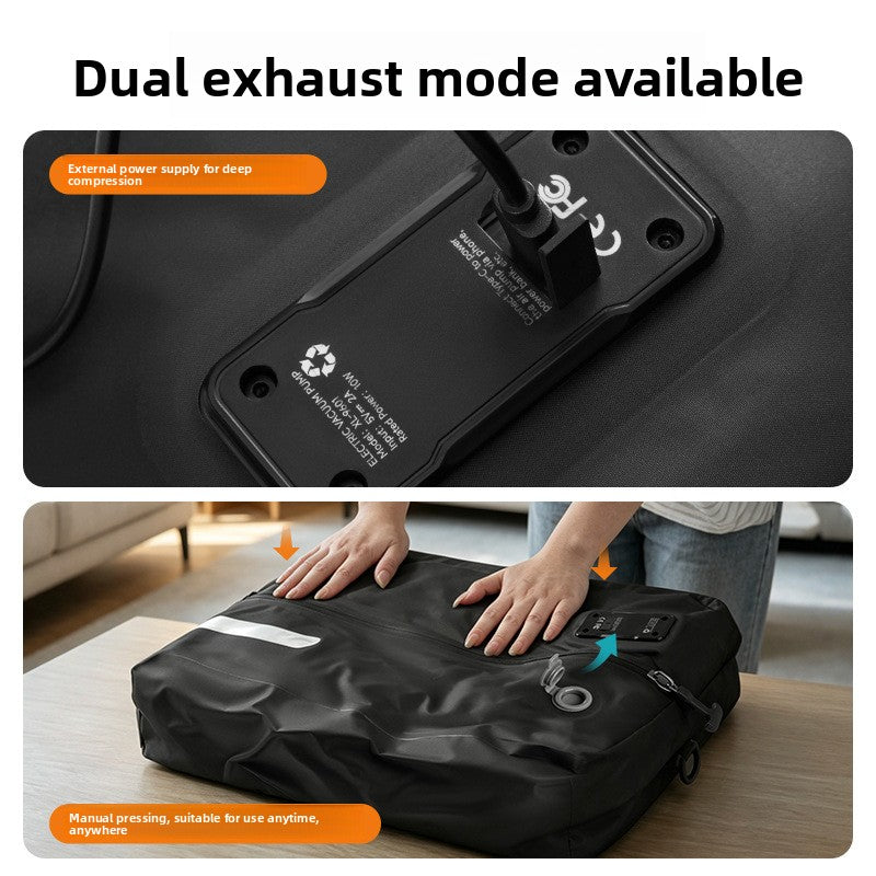 Two views of the bag pump plate with a Type-C cable and hands pressing the bag, titled dual exhaust mode