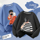 Boys long sleeve crew neck cartoon print sweatshirt with a star rabbit on a skateboard print in blue