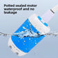 Sealed waterproof shower pump half submerged in splashing water showing the potted motor