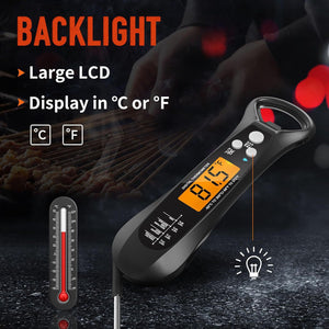 Digital meat thermometer with a bright backlit LCD reading in Celsius or Fahrenheit over a hot grill