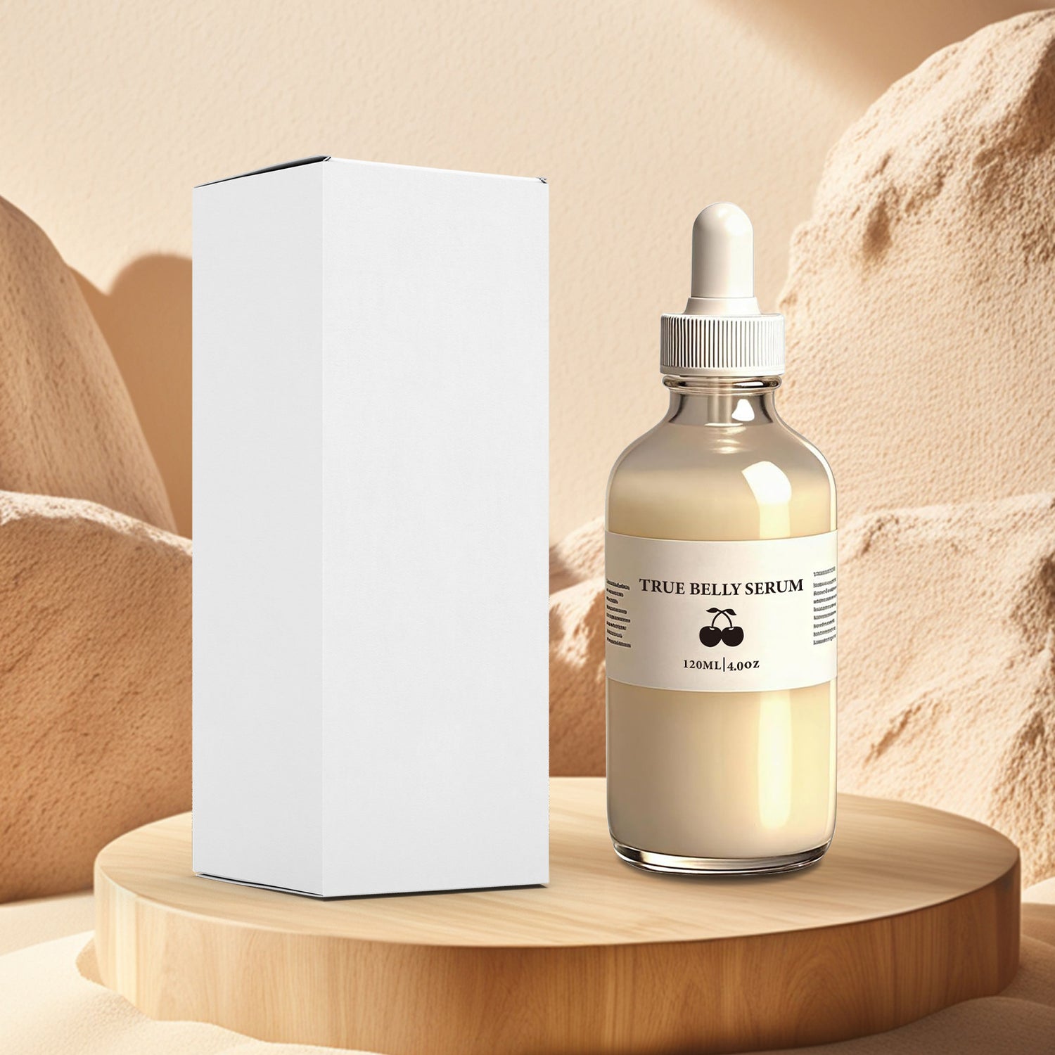 True Belly Serum dropper bottle beside its plain white box on a wood stand against a soft sand colored backdrop