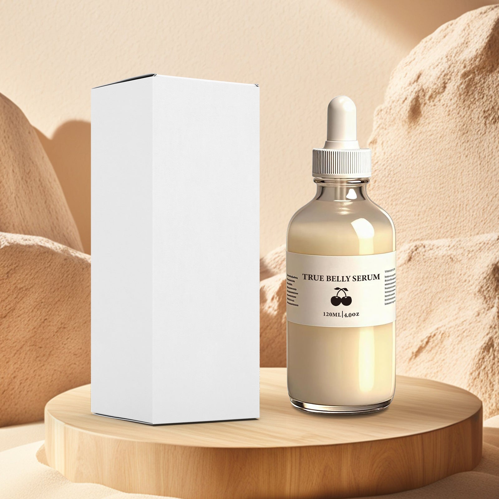 True Belly Serum dropper bottle beside its plain white box on a wood stand against a soft sand colored backdrop