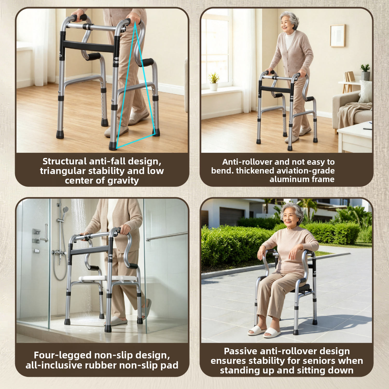 Silver walking frame shown in four indoor and outdoor scenes with an older user