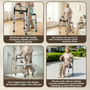 Silver walking frame shown in four indoor and outdoor scenes with an older user