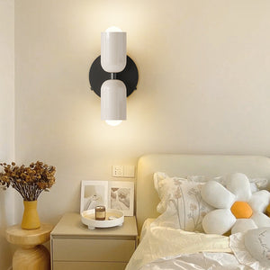 Double head color bedside lamp side profile showing the adjustable dual light heads