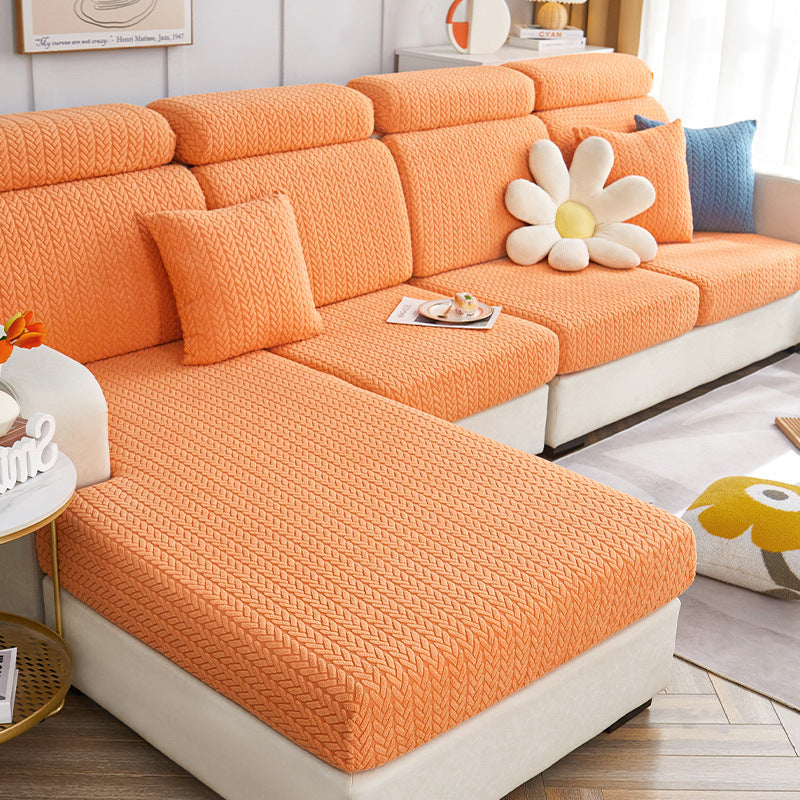 Jacquard stretch sofa covers shown in use on a living room couch