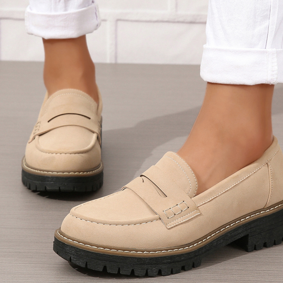 Beige women's penny loafer with chunky lug sole and 4 cm heel, size EU 43 option