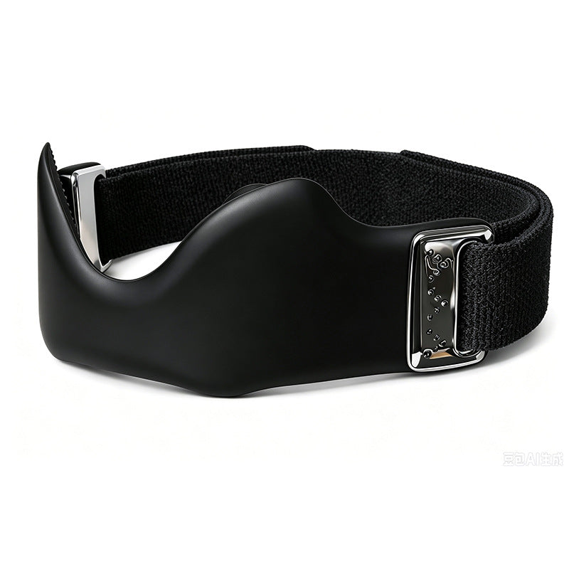 Black silicone knee strap with grey elastic strap and metal buckle on a white background, black option