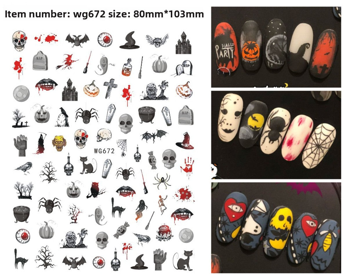 Festive Halloween nail decals mixing pumpkins, bats and spiders