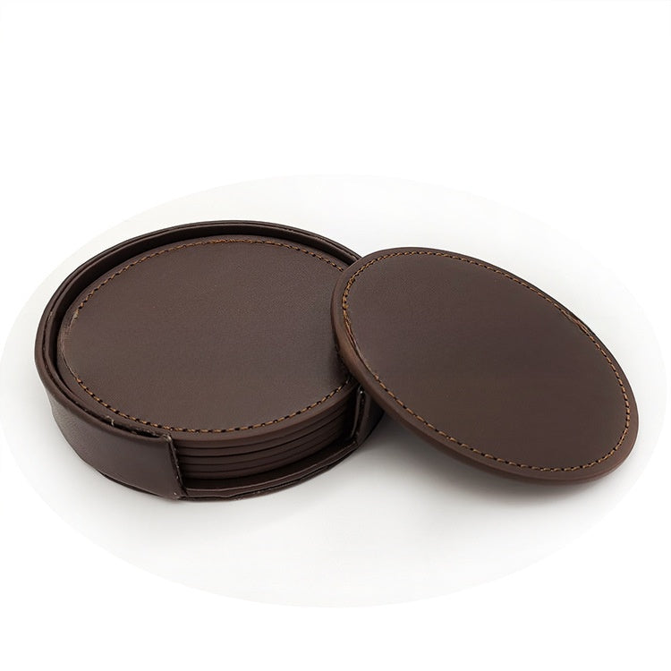 Brown PU leather round coaster set with a matching holder