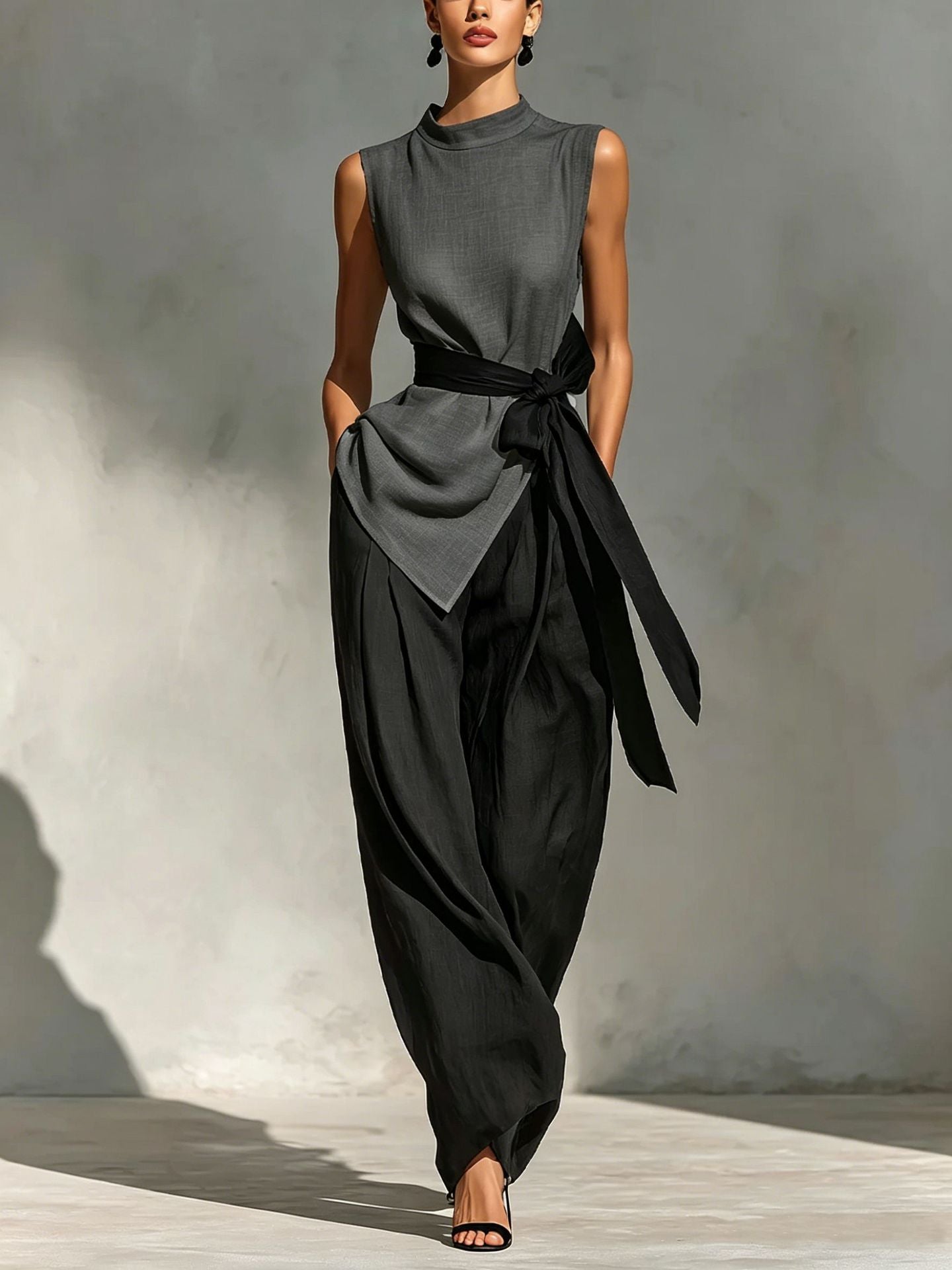 Everyday wear scene with the sleeveless top and wide-leg pants set