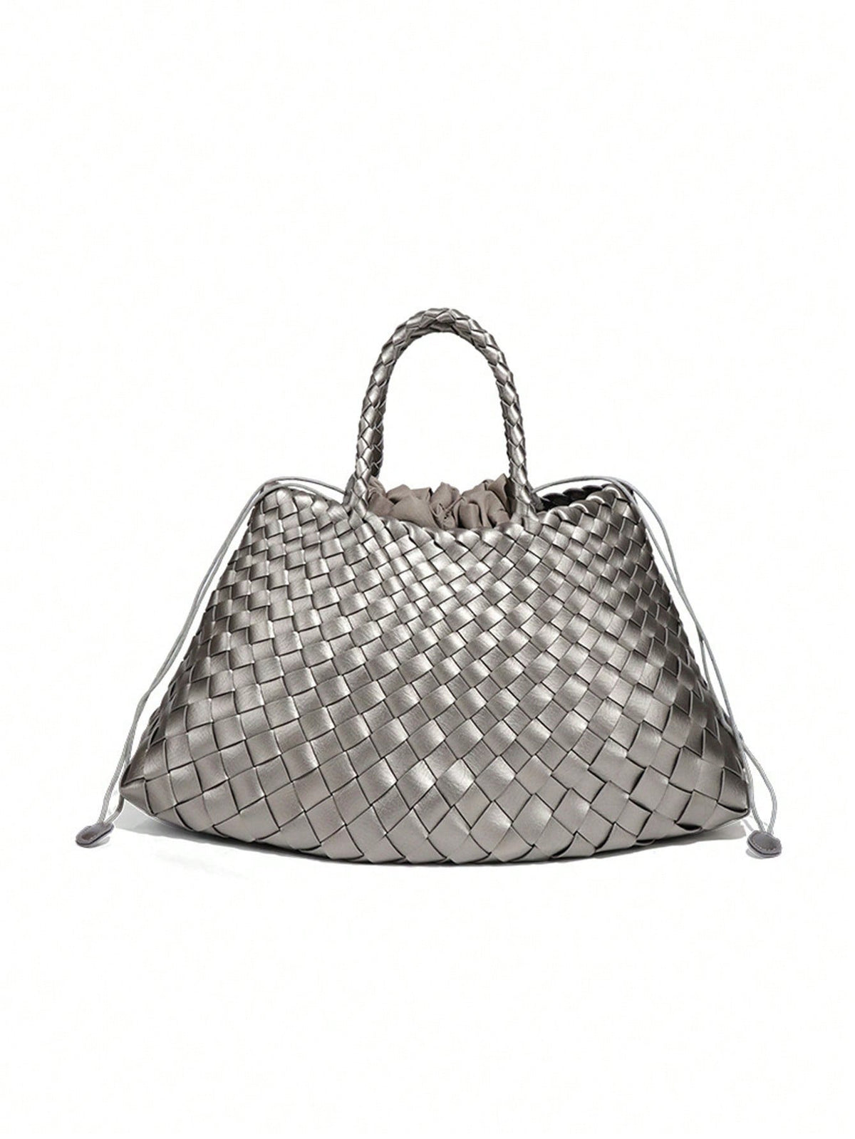Silver metallic woven handbag with braided handles and drawstring cords, Silver variant