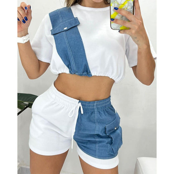 Women's Denim Short Sleeve Shorts Set