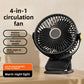 Black clip fan on a desk with its clamp folded flat, warm hub light in the grille centre